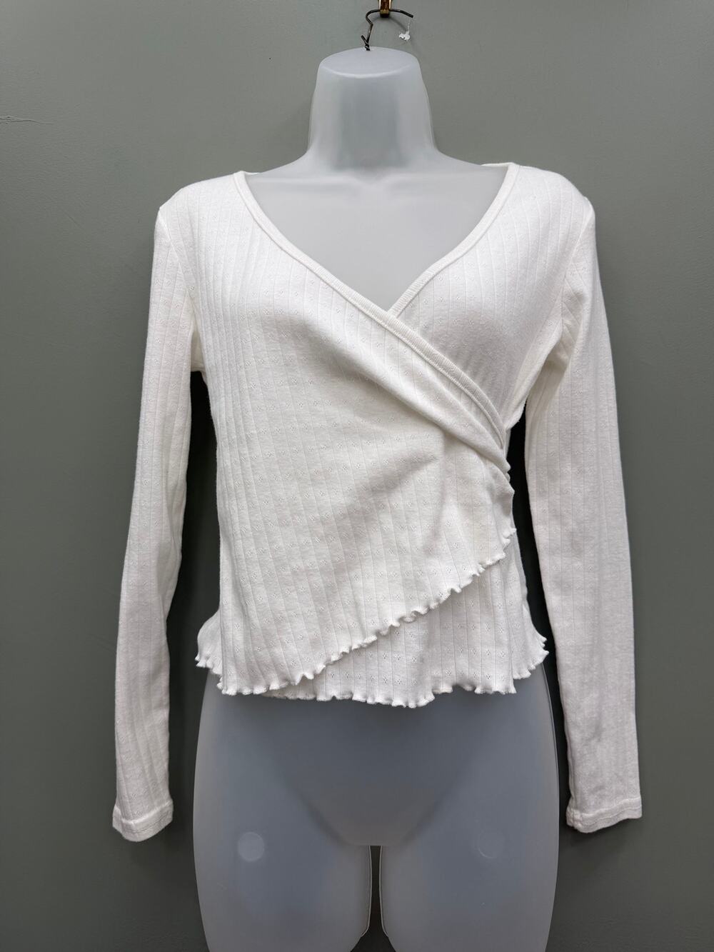 White Pointelle Wrap Top Medium Balletcore Coquette Long Sleeve Lettuce Hem